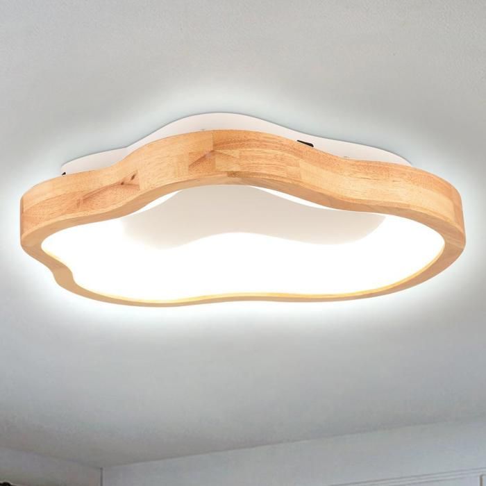 WOTTES Plafonnier LED En Bois Rond - Ø40*7.5CM - Blanc Froid - Plafonnier nuage en bois Design - Pour Salon Cuisine Salle de bains