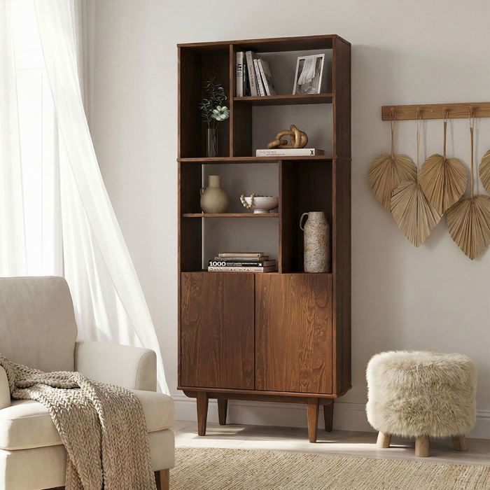 Buffet haut SIMONA 80x188 cm en bois massif coloris châtaignier avec 2 Portes 6 Étagères Vaisselier en hauteur Buffet haut SIMONA 80x188 cm en bois massif coloris châtaignier avec 2 Portes 6 Étagères Vaisselier en hauteur