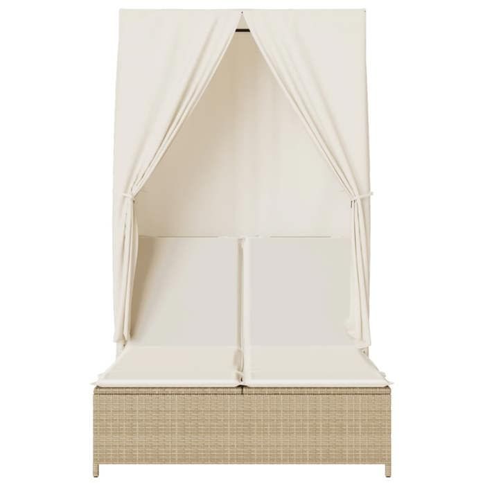 Chaise longue double - Dossier réglable - avec toit et rideaux beige - Résine tresséetop vente453144846