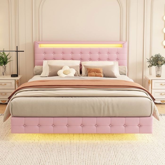 Lit Double Canapé Convertible 140x200cm avec LED - Canapé Méridienne Tête de Lit Rose - Confort et Design Moderne - sans Matelas
