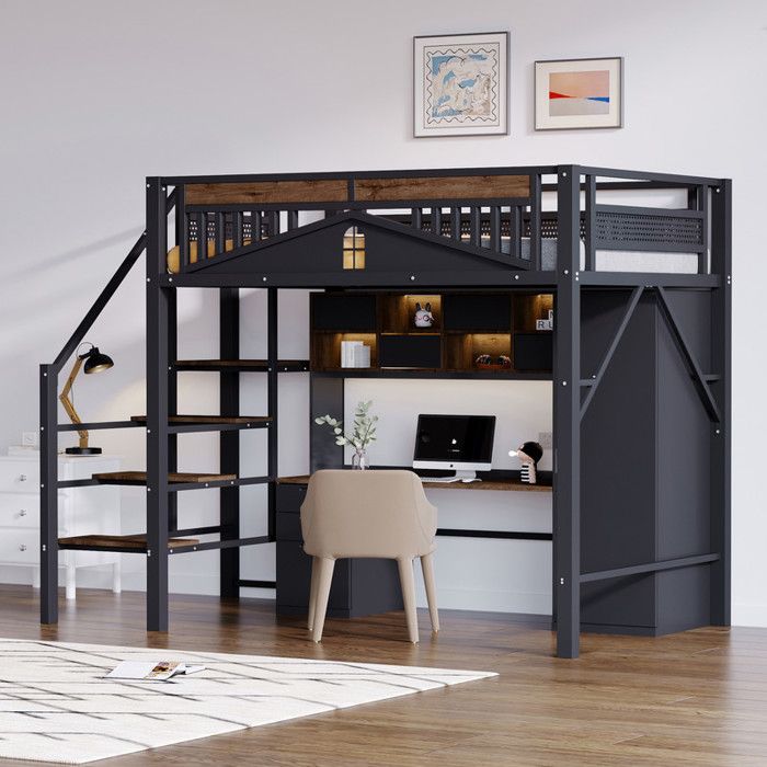 Lit Mezzanine Enfant 140x200 cm avec BarrièRes et éChelle de SéCurité Lit Enfant Double 2 en 1 Lit Superposé avec MéTal Noir