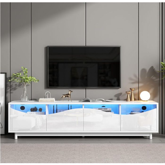 Meuble TV avec Eclairage LED Meuble TV Moderne avec 4 Portes en Verre Portes Design Incurvées 175x38x51 cm Blanc Brillant