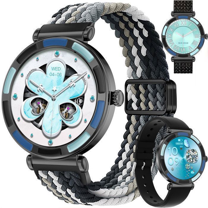 Montre Connectée Sport Femme Homme XTRADITECH Alliage Diamanté Strass Multicolore Noir Bleu Rond 127 Dos Finition IML 3 Bracelets