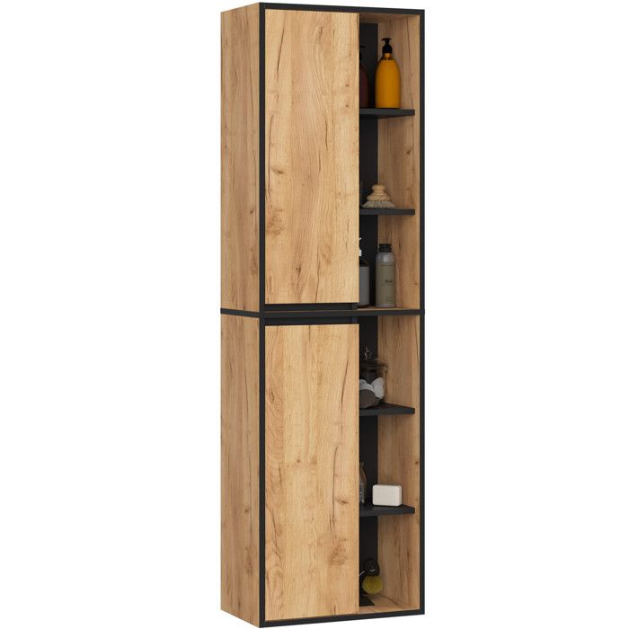 Colonne salle de bains VAMI suspendu Chêne Craft et Noir 50 cm 2 portes 10 étagères 50x30x170 cm