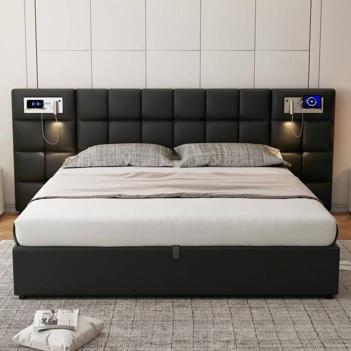 Lit rembourré 180 x 200 cm lit hydraulique avec port USB chargement sans fil lampe éclairée lattes en bois PU noir