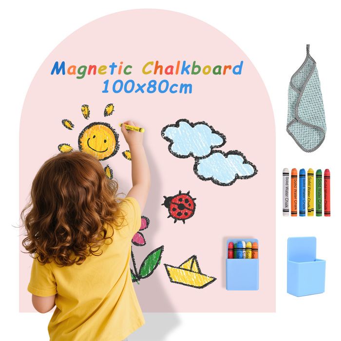 Tableau magnétique pour Enfants Mural arqué Autocollant avec Couleurs Pastel et craies 6 craies Un Porte-Craie magnétique
