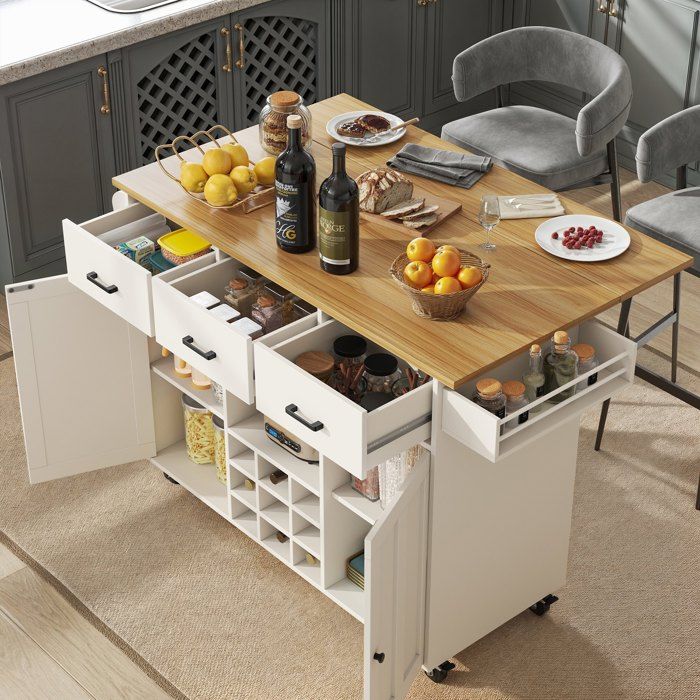 Desserte de cuisine à roulettes 124×40-65×91cm Îlot de cuisine moderne avec plan de travail extensible 3 tiroirs 2 portes - blanc