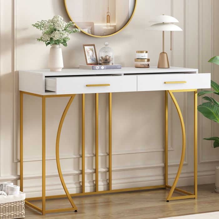 Console 120x38x76 cm table dentrée avec 2 tiroirs table de canapé Table a manger blanc/or