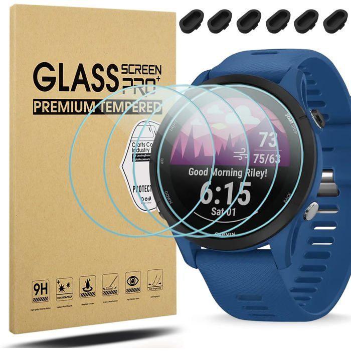 Diruite[4+6]Pièces Protection Film pour Garmin Forerunner 255/255music Protection ÉcranSilicone Bouchon Anti-Poussière*6+HD Verre