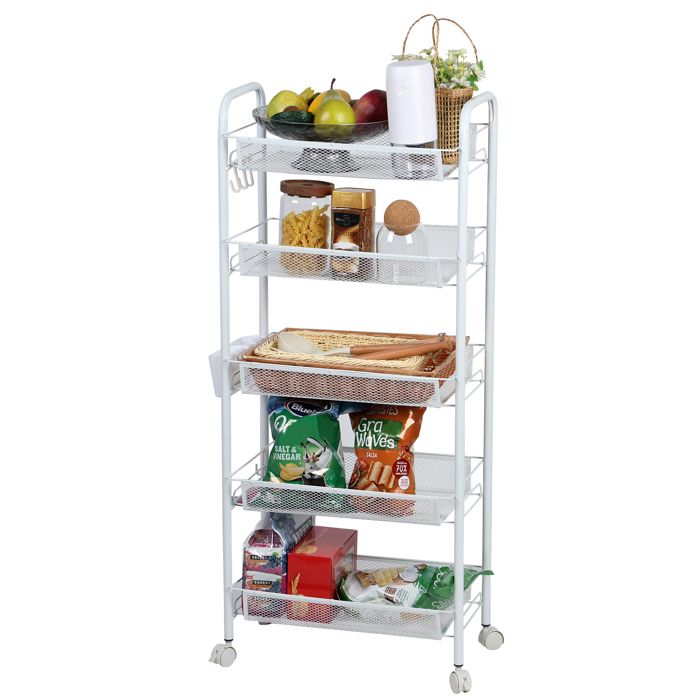 FLASIDU Desserte de Cuisine à Roulettes - Chariot de Service - 5 Niveaux - Acier au carbone - 360° Pivotant - Blanc - 44*27*105cm