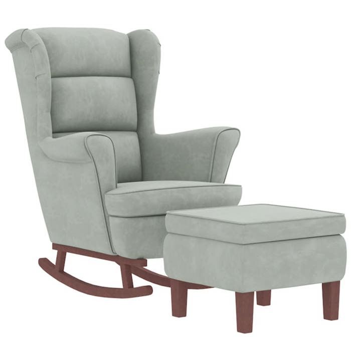 Fauteuil à bascule en velours - vidaXL - Gris clair - Velours polyester - Bois massif - 78x93x97 cm - Tabouret inclus