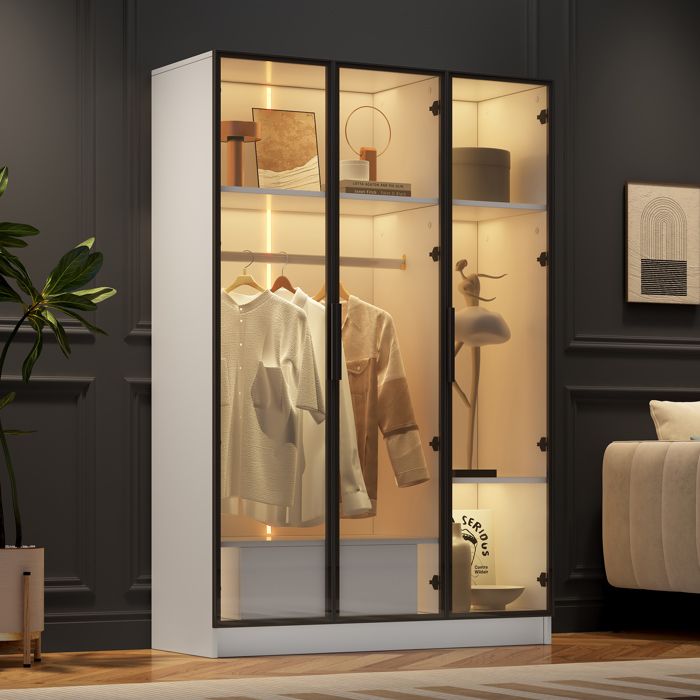 Armoire blanche spacieuse avec 3 portes en verre - 1 tiroir 1 cintre et éclairage LED - Rangement moderne et lumineux