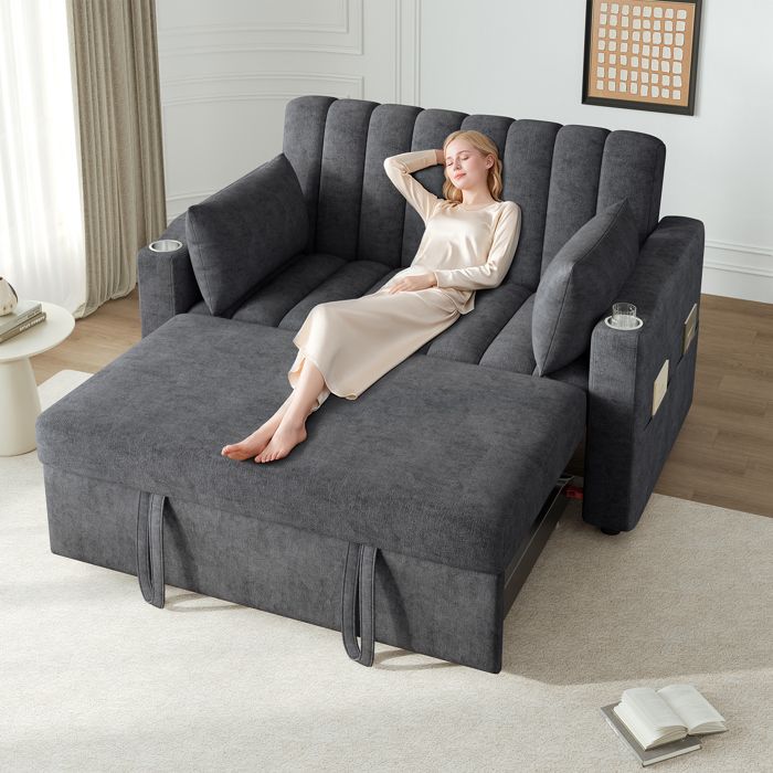 Canapé-lit convertible avec dossier réglable 3 positions fauteuil relax en tissu canapé 2 places avec porte-gobelets gris