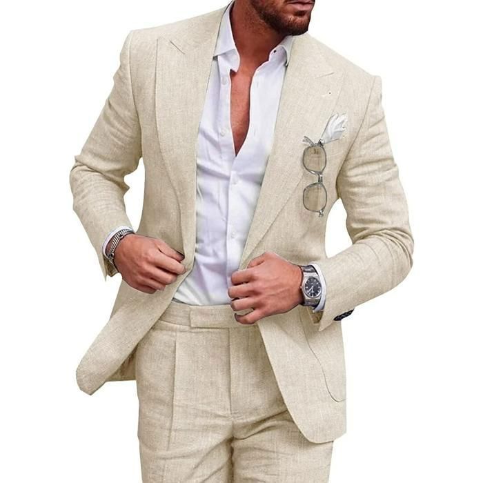 Costume Rétro Homme 3 Pièces Lin Été - Veste Gilet Pantalon Coupe Ajustée Léger Smoking