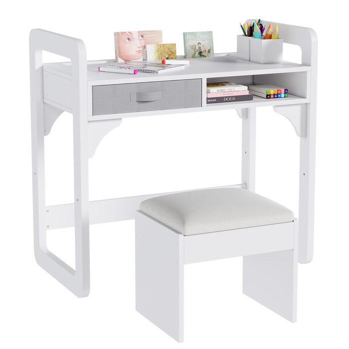Ensemble Bureau et Chaise Enfant，Table dÉtude en Bois avec Tiroir en Tissu et Porte-Stylo， Meuble Enfant 83.1 x 46 x 80 cm Blanc