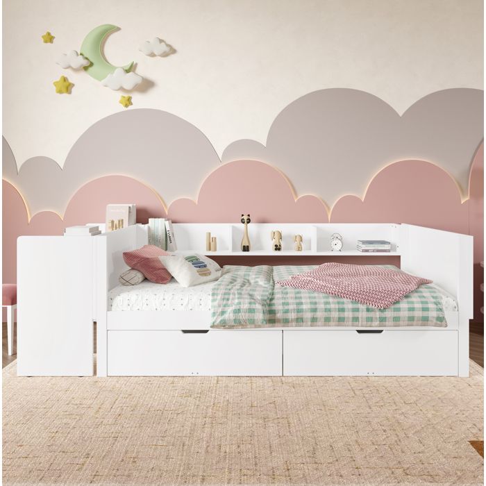 HOMVRA Lit enfant 90x200 cm avec bureau 2 tiroirs sommier à lattes pin blanc (sans matelas)