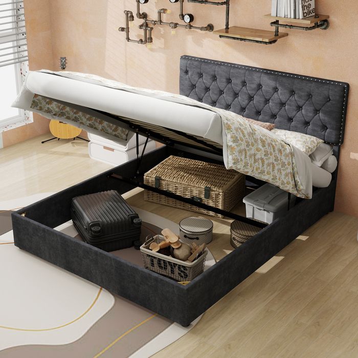 Lit Coffre 140x200 cm - Lit Double Ado Capitonné Haut Moderne Confortable Sans Vérin Sans Matelas Tissu Gris
