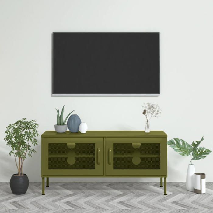 Promo avril*Meuble TV - MONNA - Support TV jusqu’à 50 - Banc TV - Vert olive 105x35x50cm Acier_302847