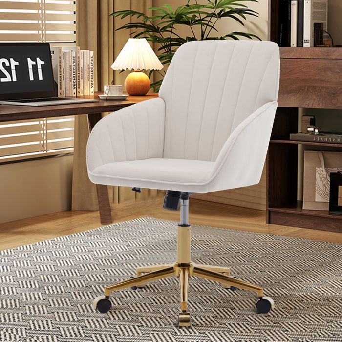 Chaise de Bureau Ergonomique - BELLEMAVE - Hauteur Réglable - Chaise Pivotante - Velours - Pour Chambre et Bureau - Blanc et Or