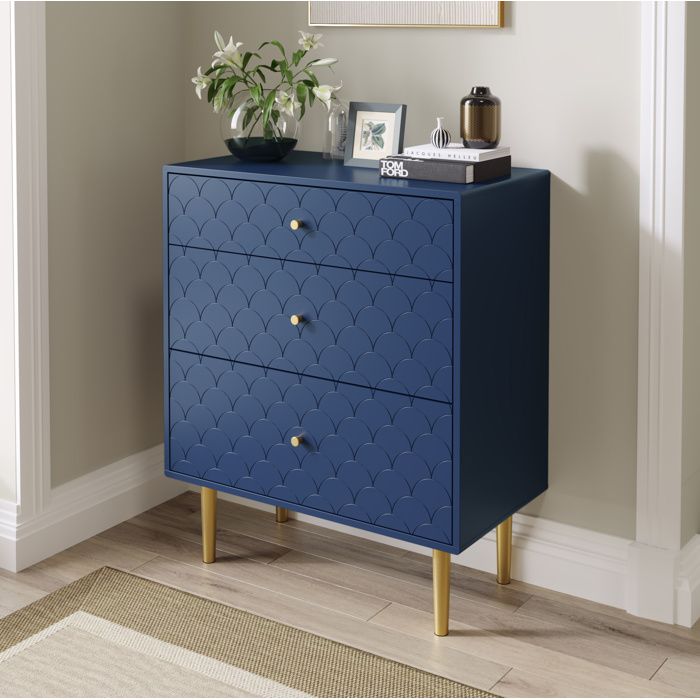 Commode 3 tiroirs motif écailles - TCQPZ - pieds métalliques dorés en bois et métal bleu marine 75×40×89 cm