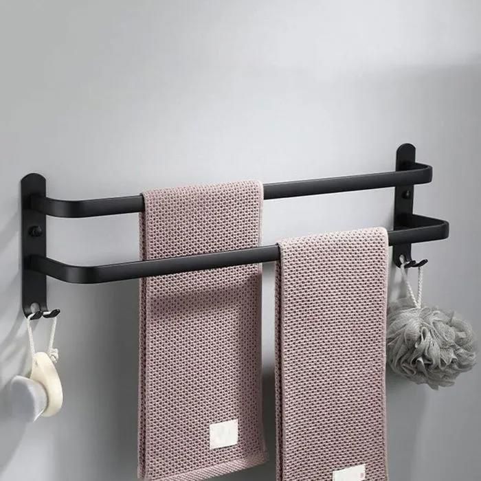 Porte-Serviettes Mural 2 Couches 30 cm Noir Barre en Aluminium Avec Crochets Pour Salle De Bain