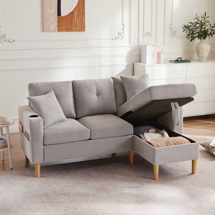 Canapé dangle convertible175x129x90 cm clair 3 places chaise longue réversible rangement porte-gobelet gris