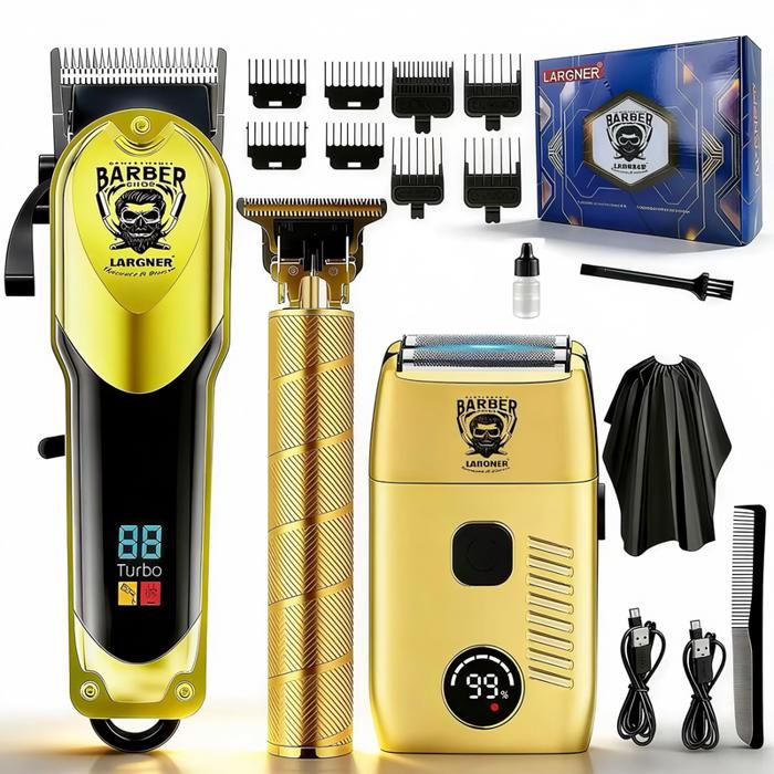 Ensemble barbier LARGNER : tondeuse finition rasoir numérique cape et accessoires pour barbershop et domicile.