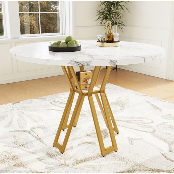 Table de salle à manger ronde 100 cm avec plateau effet marbre pieds métalliques dorés pour salon MDF - UVRION