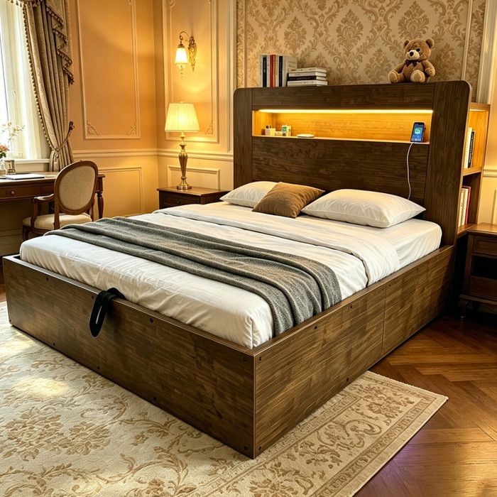 Bladez - Lit hydraulique 140x200 cm Lit coffre avec éclairage LED Lit double avec tête de lit - Noyer