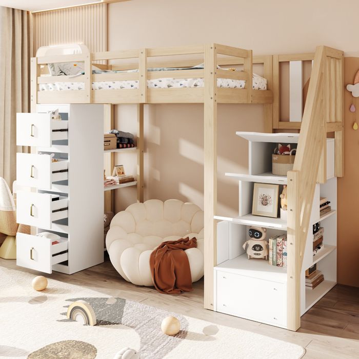 Lit mezzanine 90 x 200 cm avec rangements lit mezzanine pour enfant équipé de 4 tiroirs en pin lit simple blanc + couleur bois