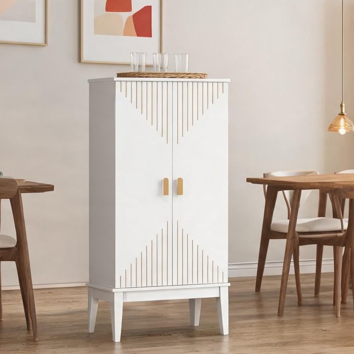 Buffet haut vintage en MDF soft white 2 portes avec étagères intégrées 120x59x30 cm pour cuisine ou séjour