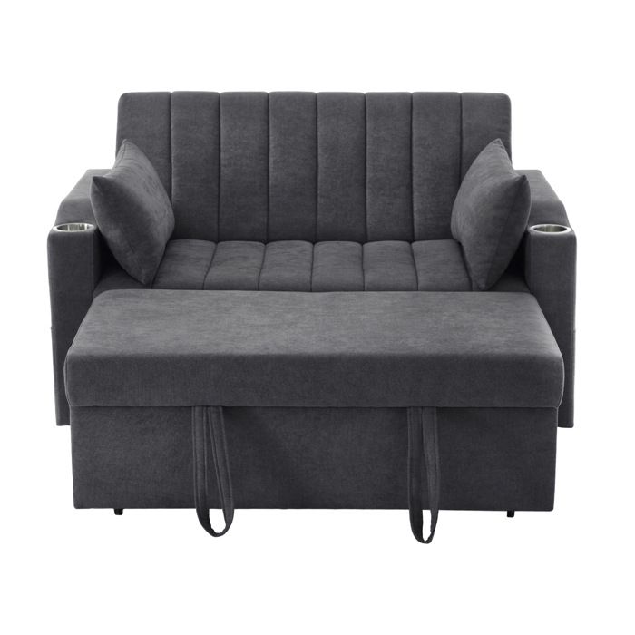 Canapé-lit convertible 2 places gris effet lin dossier 3 positions porte-gobelets et 2 coussins