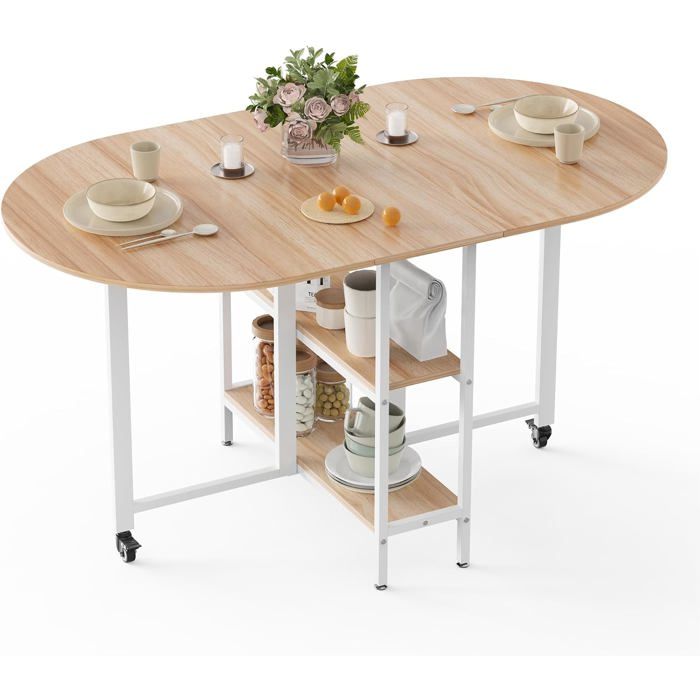 140Cm Table À Manger PliableTable De Cuisine Pour Petits EspacesOvale Table Rabattable ExtensibleEtagères De RangementAvec Rou