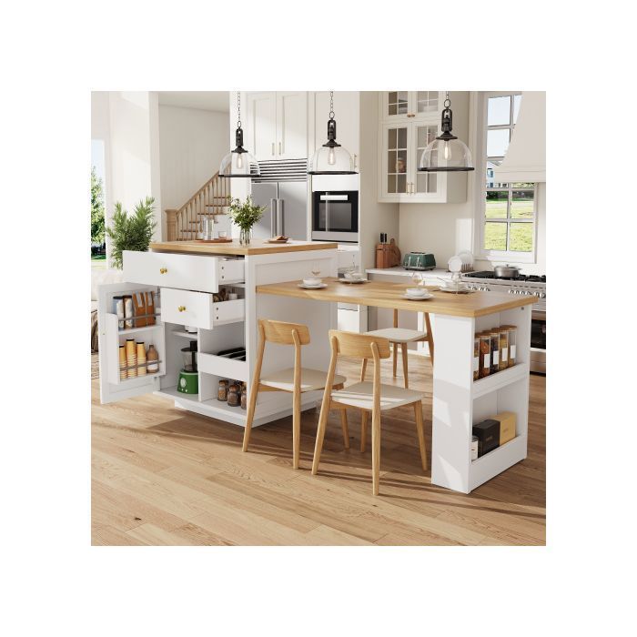 Îlot de cuisine extensible blanc 122-195cm rangements tiroirs porte-bouteilles plateau ajustable charge 60kg design moderne