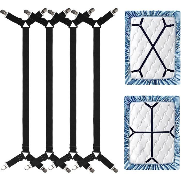 Lot de 4 pinces pour drap-housse tendeurs triangulaires réglables sangles élastiques et clips inoxydables