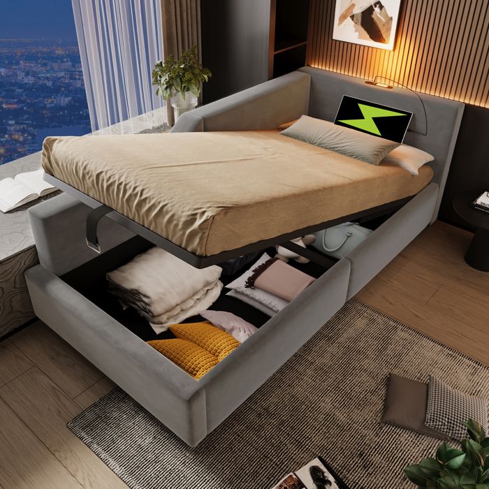 Lit banquette - ZEVKOR - 90×190 cm - Coffre hydraulique - Velours gris - Sommier à lattes