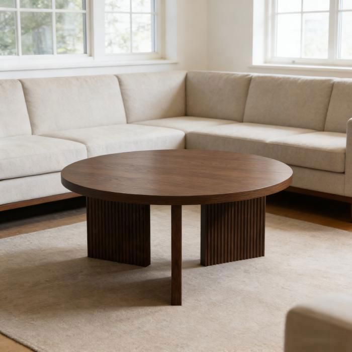 Table basse ronde 80 cm – Gain de place design à rainures MDF marron noyer table de salon moderne WUVRIE