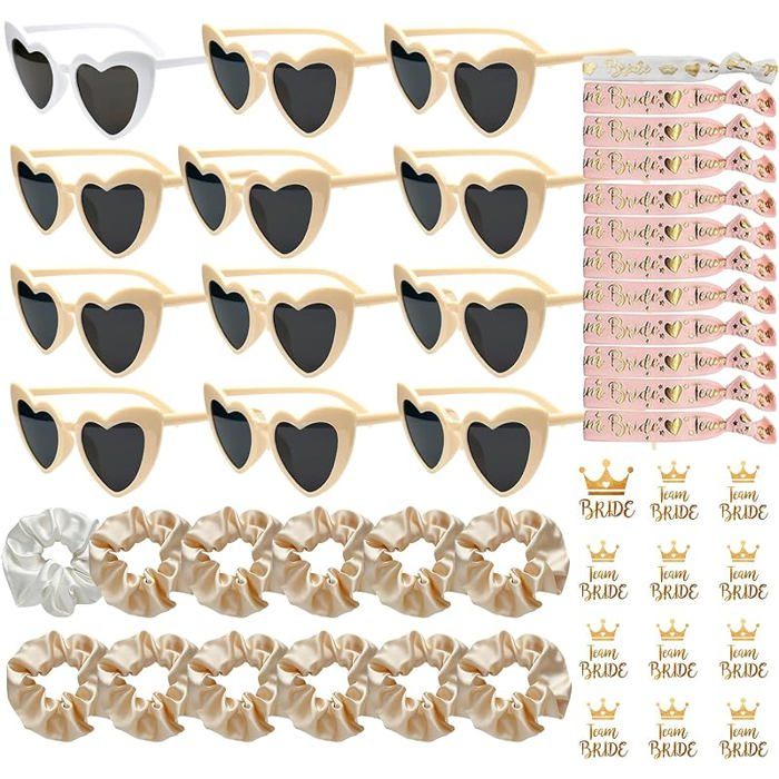 48 Pièces Lunettes en Forme de Coeur Bracelets Team Bride Autocollants Kit Lunettes Evjf 12 Paires Bracelets Team Bride-Beige