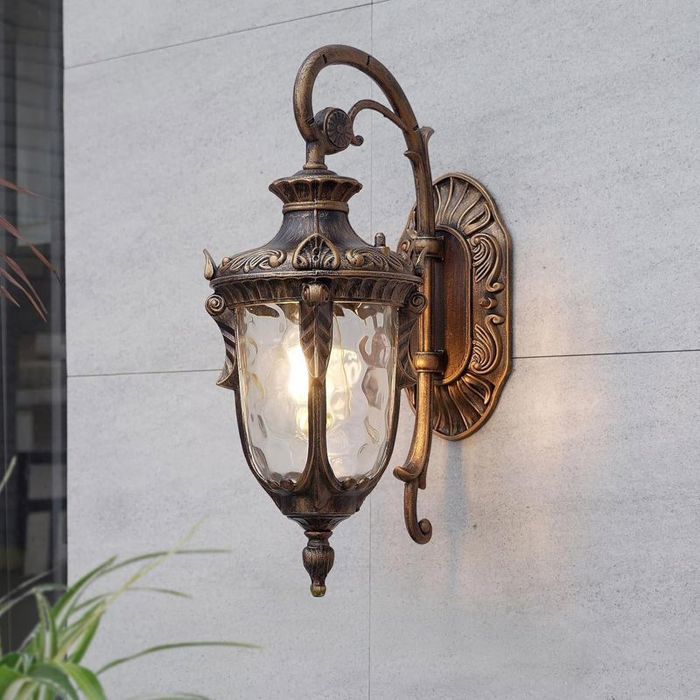 Applique Murale Extérieure Luminaire de Mur Lanternes Étanche Pour Porche Maison Avec Abat-Jour en Verre Martelé Bronze Ancien