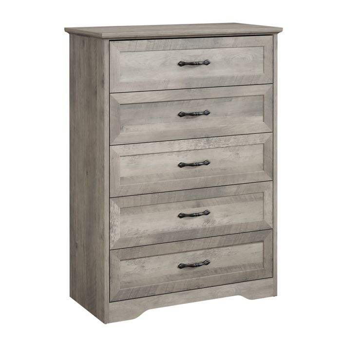 Commode 5 tiroirs - Rangement vêtements chiffonnier - Design moderne - Gris bois - Chambre dressing entrée