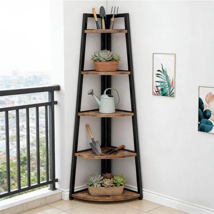 COVREO Étagère d’angle 5 niveaux 66 x 178 cm en métal et bois noir et marron rustique