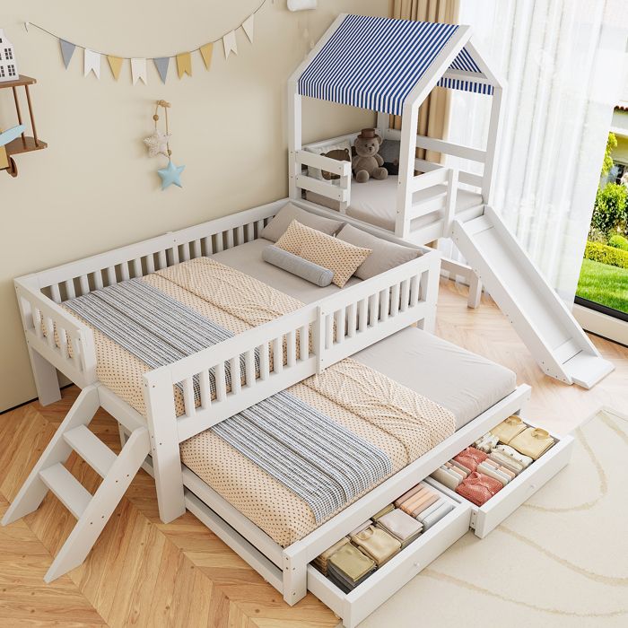 Lit superposé 90x200 cm en bois massif coloris blanc sans matelas tiroirs de rangement échelle daccès toboggan intégré