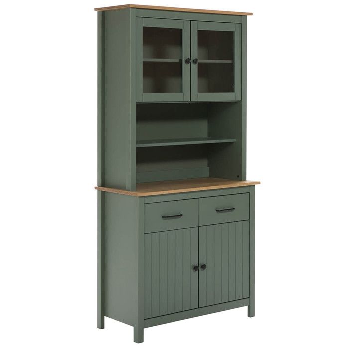 TINA - Buffet Haut 4 Portes 2 Tiroirs Bois Ciré et Vert