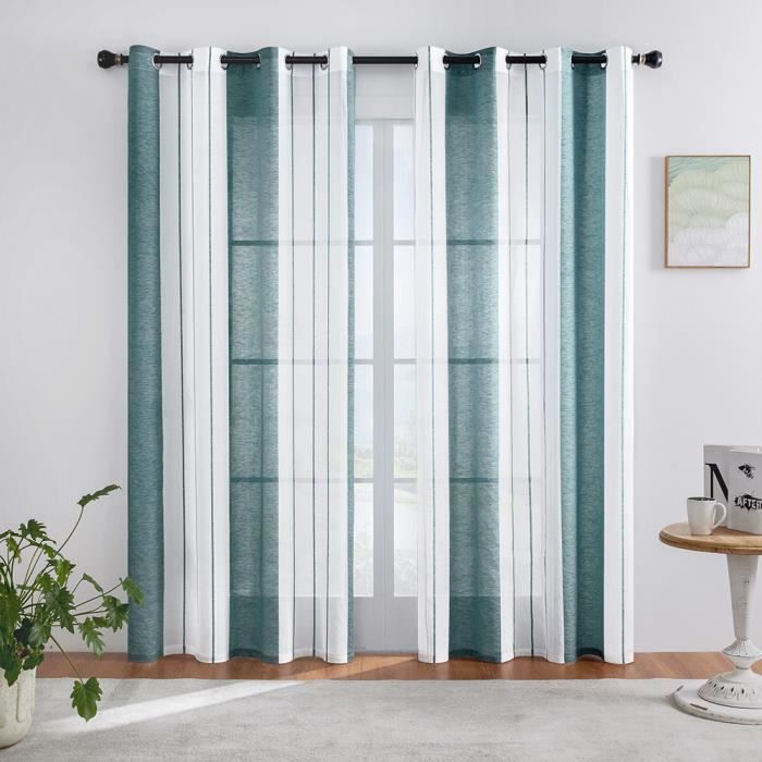 2 Pièces de Rideaux Voilage Vert et Blanc 140x260 cm Fils Teints Rayé à Oeillets Rideau Tamisant