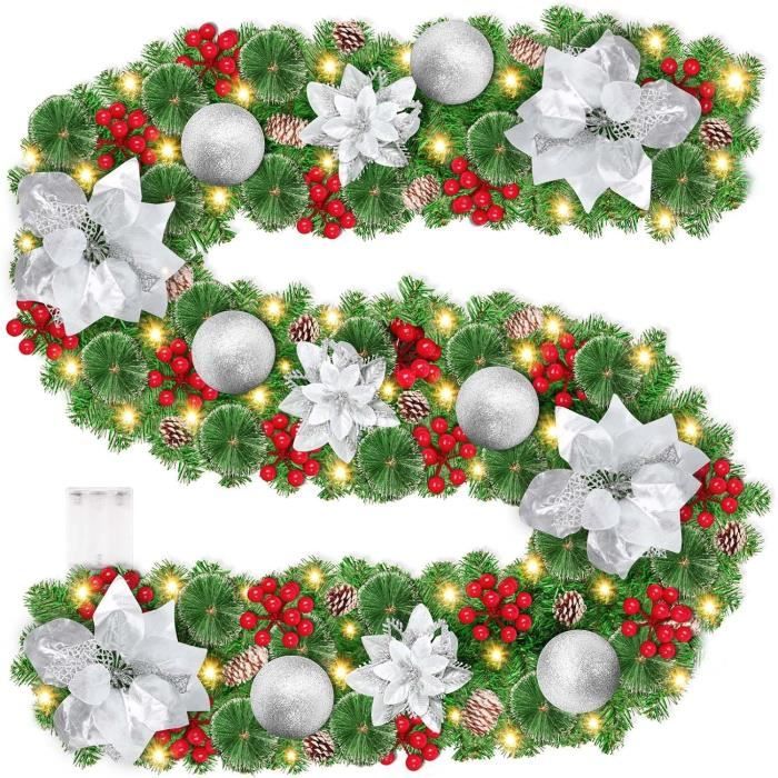 Guirlande Sapin De Noël Artificielle 270 Cm Avec LED - Fleurs Et Boules Rouges Incluses - Pour Porte, Mur, Cheminée