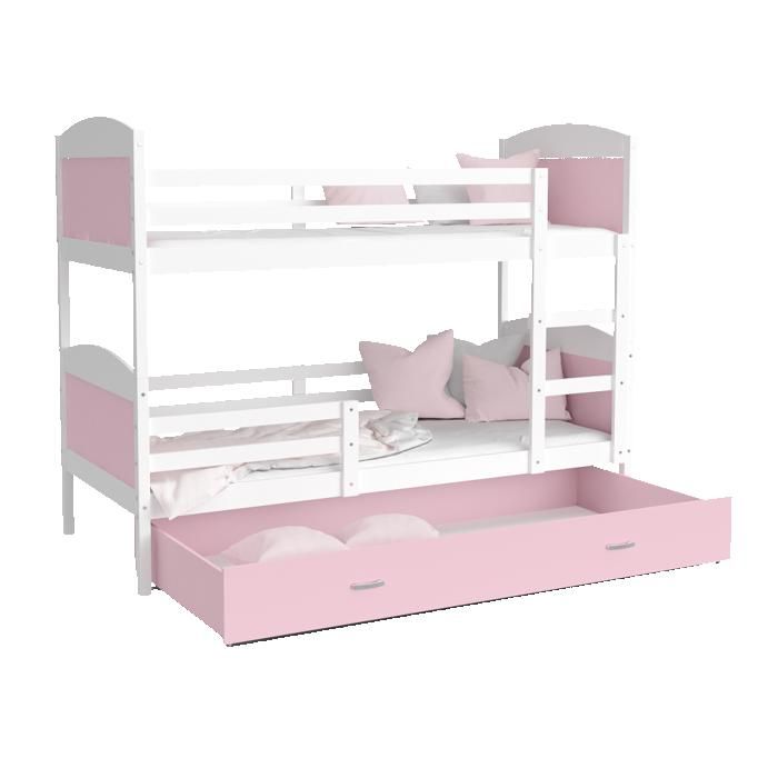 Lit Superposé Mateo 90x190 tiroir + Matelas Blanc - rose
