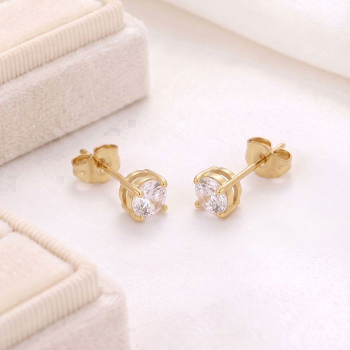 Boucles dOreilles - Puces - Solitaire - Plaqué Or Jaune 750/1000 - Zircon 5 mm - Femme
