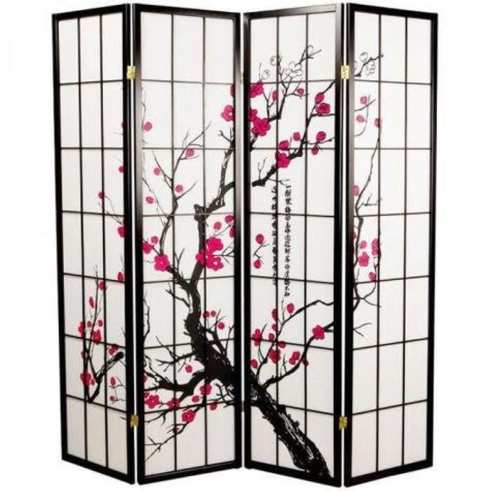 Paravent Japonais Shoji 4 Panneaux 180x180 Cm - Papier De Riz Naturel, Bois | Séparateur De Pièce Décoratif Style Oriental