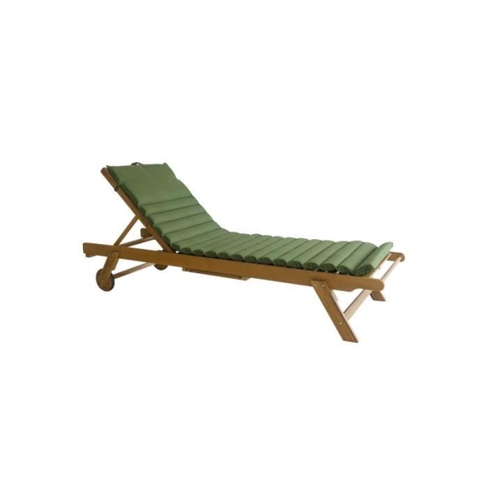 Chaise longue en bois d'acacia FSC avec matelas ondulo vert - BEAU RIVAGE - MOLA - 6 inclinaisons - Roulettes