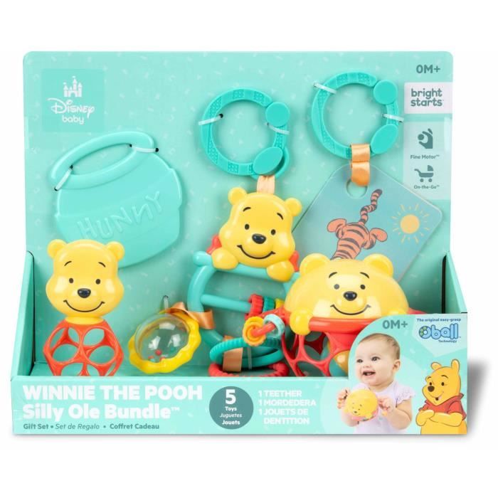 DISNEY BABY WINNIE Coffret cadeau de naissance bébé 5 jouets dont 1 de dentition Winnie et O ball hochet et attache poussette